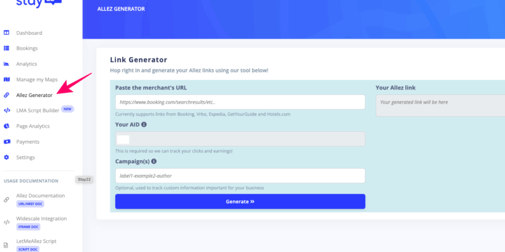 Stay22のLink Generator